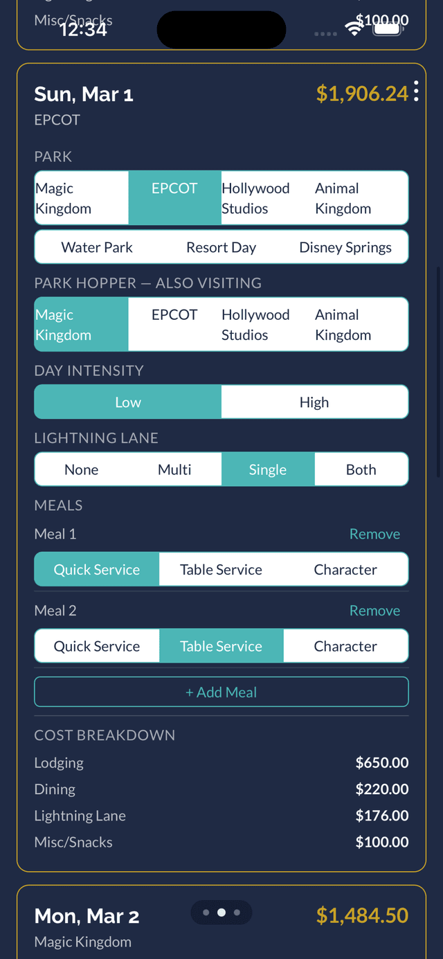 Day planner with costs