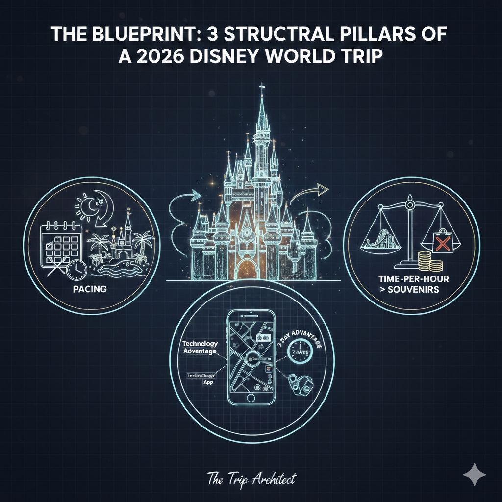Disney World 2026 planning strategy infographic by The Trip Architect. Featured image showing the three pillars of a successful trip: park pacing, budgeting time over souvenirs, and leveraging the 7-day technology advantage.