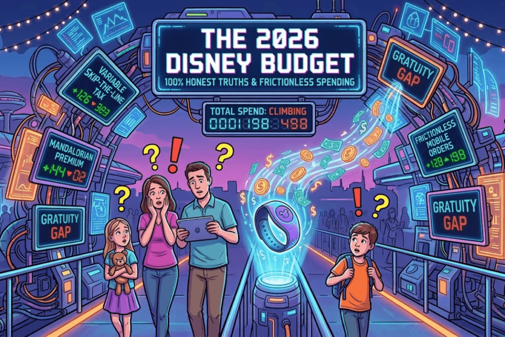 A detailed vector illustration of a stressed family navigating a chaotic, screen-filled futuristic Disney theme park entrance at night, overwhelmed by digital spending displays. The central family of four (father with tablet, mother, daughter with teddy bear, son with backpack) has multiple question marks and exclamation points above their heads, indicating confusion and distress. A large central sign reads "THE 2026 DISNEY BUDGET" and "100% HONEST TRUTHS & FRICTIONLESS SPENDING". Below it, a central "TOTAL SPEND: CLIMBING" display has a ticking counter showing "000189814.88". A continuous stream of gold coins and dollar bills vortexes from a central pedestal (containing a MagicBand) upwards into the screens. Flanking screens show various charges: "VARIABLE SKIP-THE-LINE TAX," "MANDALORIAN PREMIUM," "GRATUITY GAP" (on two screens), "FRICTIONLESS MOBILE ORDERS," and "CHARACTER GREETING UPCHARGE," all with changing numbers and arrows. The background is a futuristic, purple and blue-lit environment with other park-goers and decorative string lights.